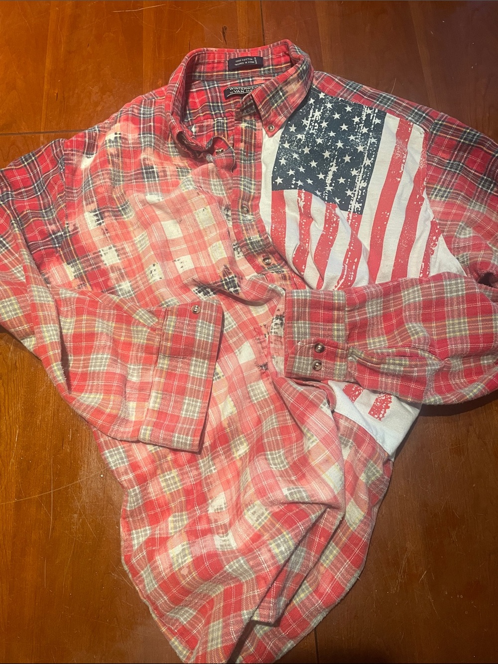 Distressed Red Plaid Flannel Button-Up Shirt with Flag Accent